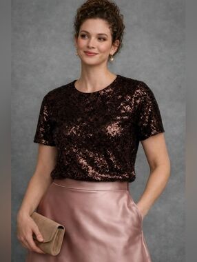 BNWT Ultra Pink Sequin Top S Brown Sparkle Glam Party Holiday Disco Earth Y2K